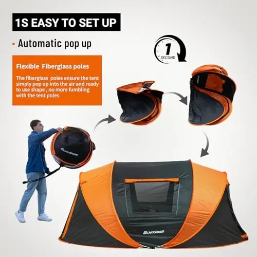 Палатка EchoSmile Camping Instant, палатка Pop Up для 2/4/6/8/10 человек, водонепроницаемая купольная палатка, легкая установка для кемпинга, пеших прогулок и отдыха на природе, портативная палатка с сумкой для переноски, для 3 сезонов... - 3
