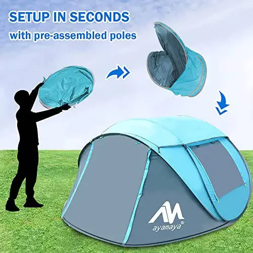 Палатки для кемпинга на 4 человека - AYAMAYA водонепроницаемые моментальные семейные палатки с люком и съемным дождевиком, увеличенный размер с 2 дверями - Автоматическая легкая установка пляжной палатки с опорами - 2