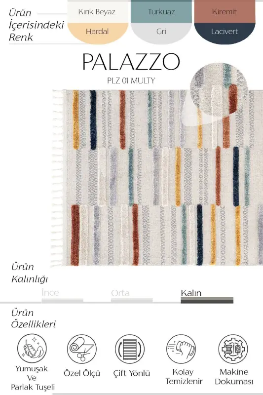 Palazzo 01 Multy Bukle Salon Halısı Hav Vermez Mutfak Halısı Çocuk Odası Halısı Koridor Kesme Yolluk - Multi - 4
