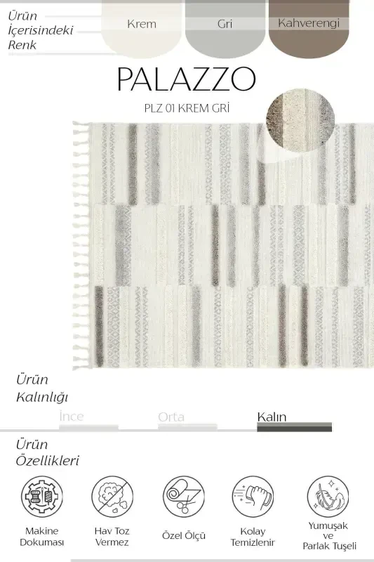 Palazzo 01 Krem Kulrang Bukle Salon Gilami Chang Yutmaydigan Oshxona Gilami Bolalar Xonasi Gilami Yo'lak Kesma Gilamcha - Krem Kulrang - 3