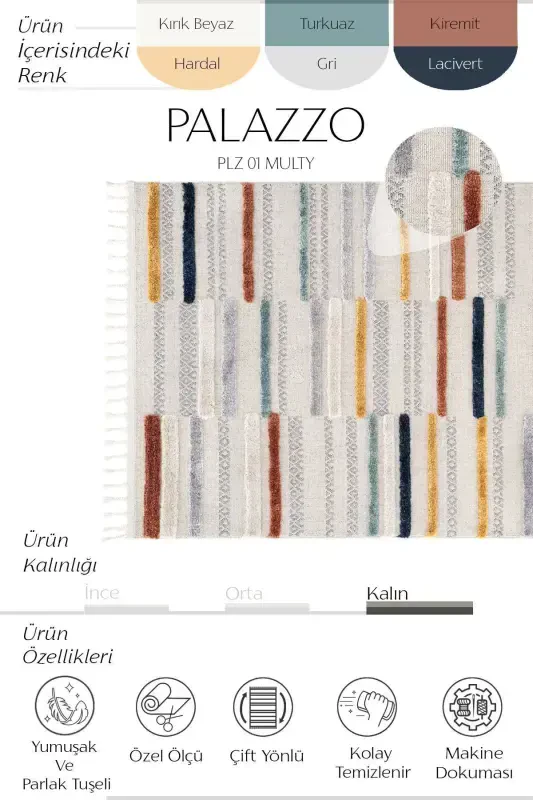 Palazzo 01 Multy Bukle Salon Halısı Hav Vermez Mutfak Halısı Çocuk Odası Halısı Koridor Kesme Yolluk-Multi - 4