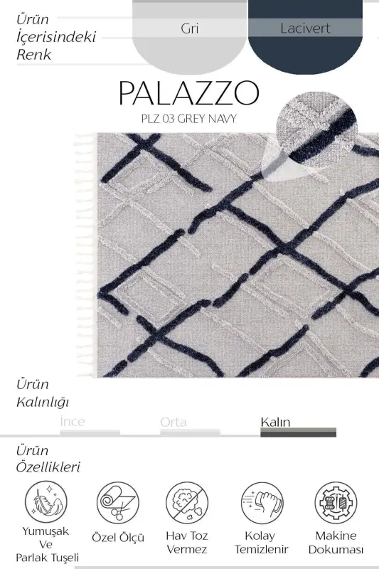 Palazzo 03 Gray Navy Blue Boucle Living Room Carpet Non-Shedding Kitchen Carpet Kids Room Carpet Cut Runner-Gray Navy Blue - 2