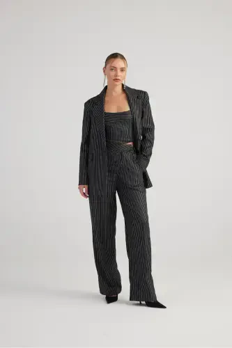Palazzo Cut Glitter Striped Eden Pants Black - 3