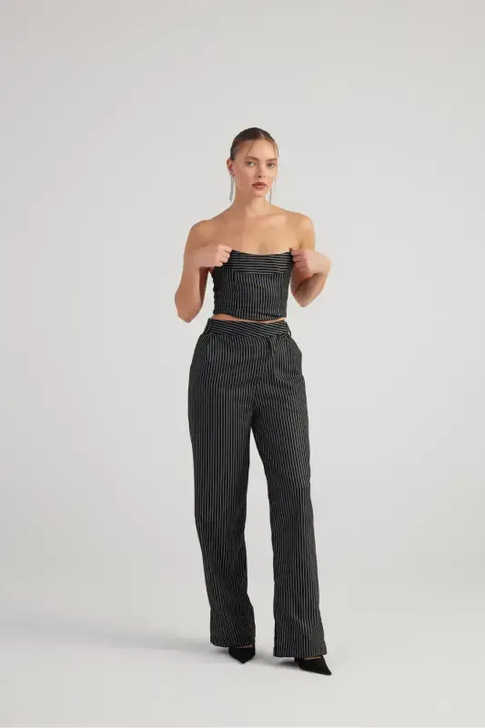 Palazzo Cut Glitter Striped Eden Pants Black - 4