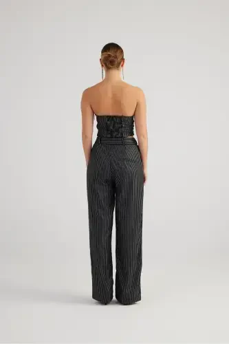 Palazzo Cut Glitter Striped Eden Pants Black - 5