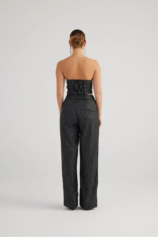 Palazzo Cut Glitter Striped Eden Pants Black - 5