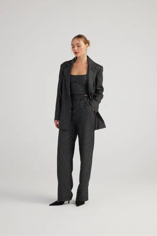 Palazzo Cut Glitter Striped Eden Pants Black - 8