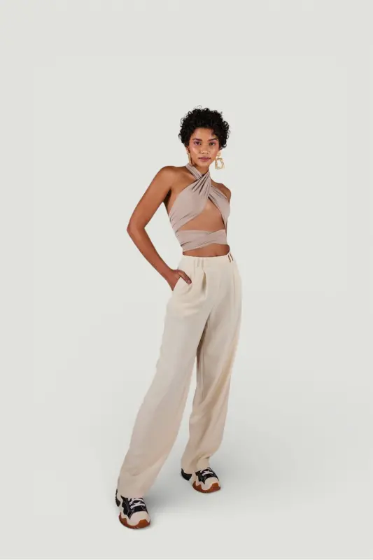 Palazzo Cut High Waist Fabric Palazzio Pants Beige - 2