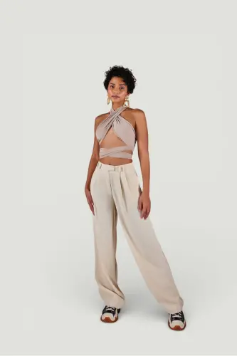 Palazzo Cut High Waist Fabric Palazzio Pants Beige - 3