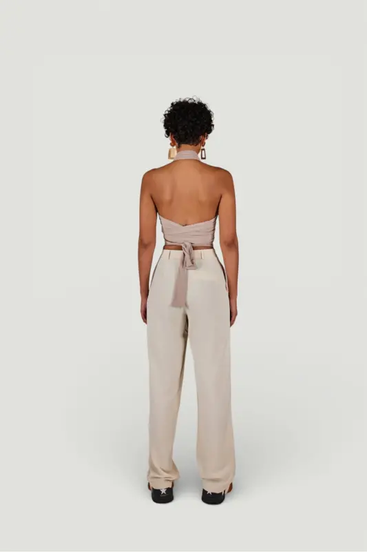 Palazzo Cut High Waist Fabric Palazzio Pants Beige - 4