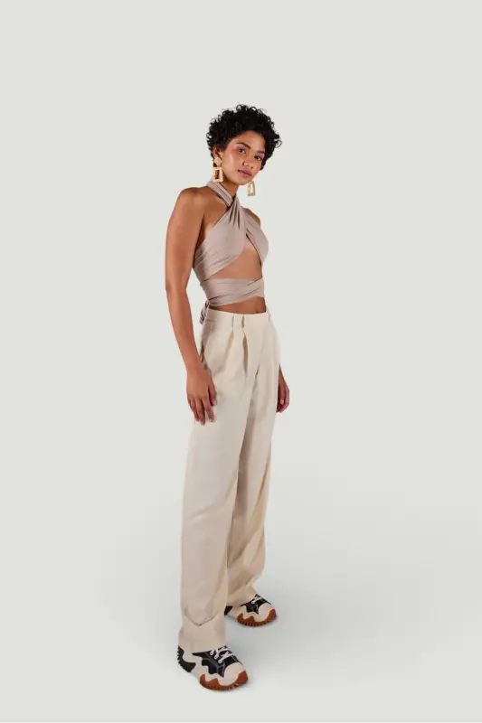 Palazzo Cut High Waist Fabric Palazzio Pants Beige - 5