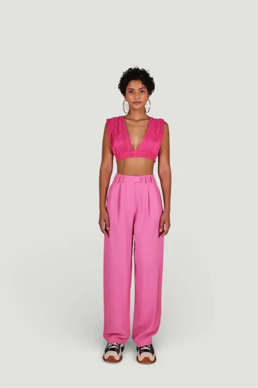 Palazzo Kesim Yüksek Bel Kumaş Palasia Pantolon Pembe - 4