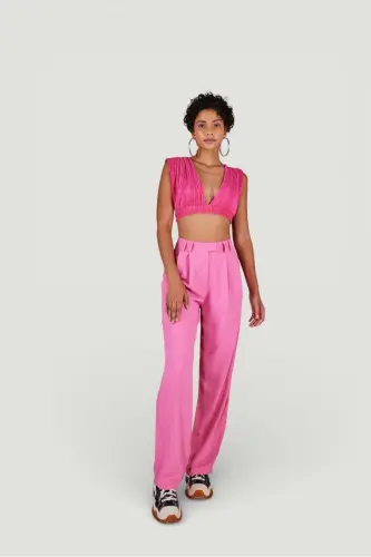 Palazzo Kesim Yüksek Bel Kumaş Palasia Pantolon Pembe - 5