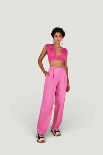 Palazzo Kesim Yüksek Bel Kumaş Palasia Pantolon Pembe - 7