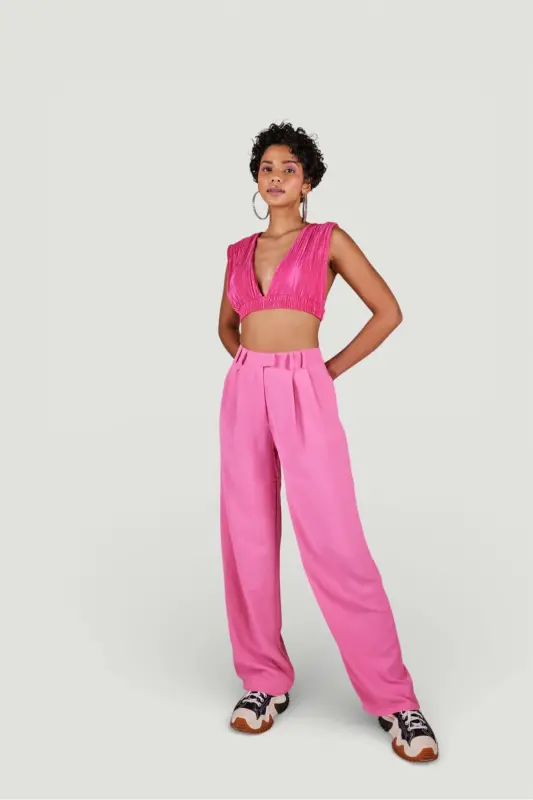 Palazzo Kesim Yüksek Bel Kumaş Palasia Pantolon Pembe-Pembe - 6