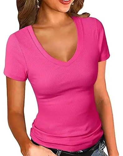 PALINDA Women's Short Sleeves Ribbed Fitted Shirt Basic V Neck Slim T Shirt Tops - 1