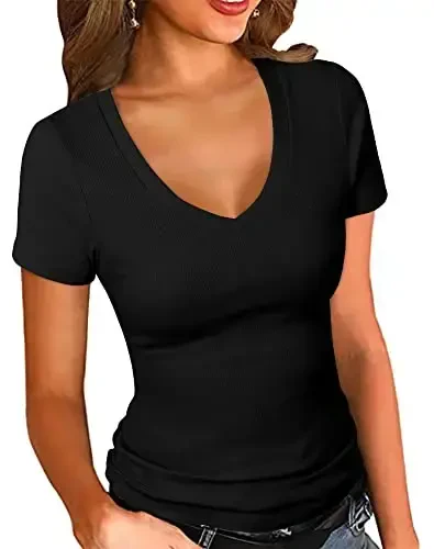 PALINDA Women's Short Sleeves Ribbed Fitted Shirt Basic V Neck Slim T Shirt Tops - 1