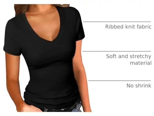 PALINDA Women's Short Sleeves Ribbed Fitted Shirt Basic V Neck Slim T Shirt Tops 