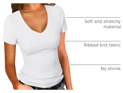 PALINDA Women's Short Sleeves Ribbed Fitted Shirt Basic V Neck Slim T Shirt Tops 