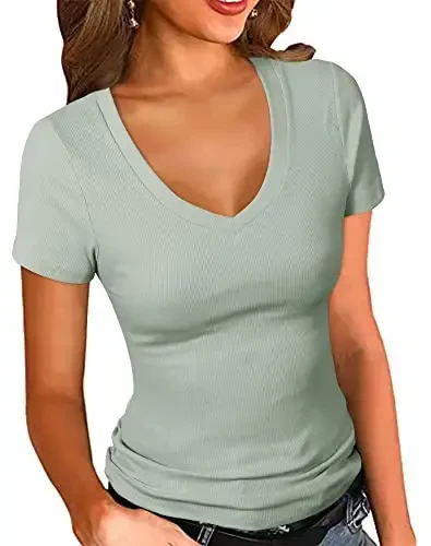 PALINDA Women's Short Sleeves Ribbed Fitted Shirt Basic V Neck Slim T Shirt Tops - PALINDA