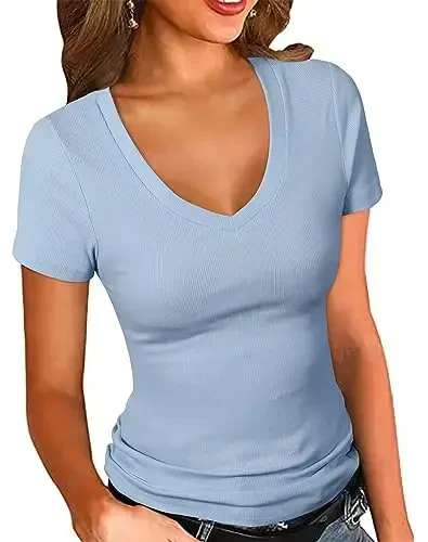PALINDA Women's Short Sleeves Ribbed Fitted Shirt Basic V Neck Slim T Shirt Tops 