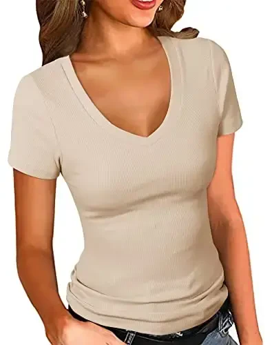 PALINDA Women's Short Sleeves Ribbed Fitted Shirt Basic V Neck Slim T Shirt Tops - PALINDA