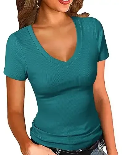 PALINDA Women's Short Sleeves Ribbed Fitted Shirt Basic V Neck Slim T Shirt Tops 