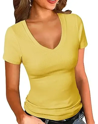 PALINDA Women's Short Sleeves Ribbed Fitted Shirt Basic V Neck Slim T Shirt Tops 