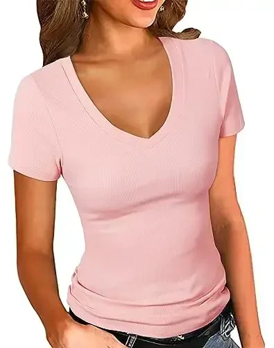 PALINDA Women's Short Sleeves Ribbed Fitted Shirt Basic V Neck Slim T Shirt Tops - PALINDA