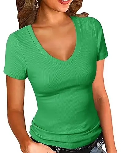 PALINDA Women's Short Sleeves Ribbed Fitted Shirt Basic V Neck Slim T Shirt Tops - 1