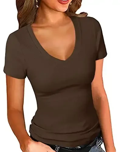 PALINDA Women's Short Sleeves Ribbed Fitted Shirt Basic V Neck Slim T Shirt Tops - 1