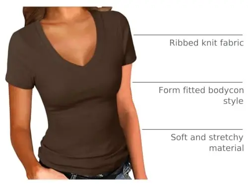 PALINDA Women's Short Sleeves Ribbed Fitted Shirt Basic V Neck Slim T Shirt Tops 