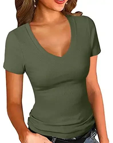 PALINDA Women's Short Sleeves Ribbed Fitted Shirt Basic V Neck Slim T Shirt Tops - 1