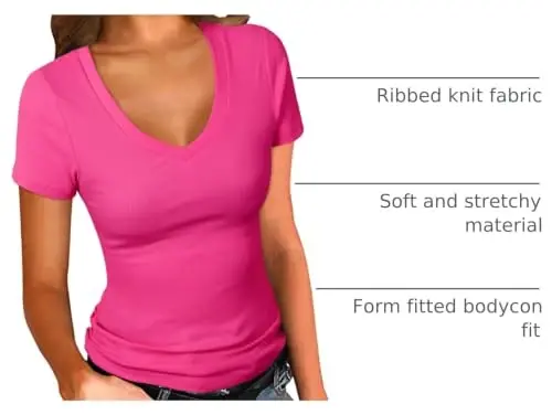 PALINDA Women's Short Sleeves Ribbed Fitted Shirt Basic V Neck Slim T Shirt Tops 