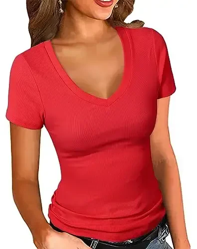 PALINDA Women's Short Sleeves Ribbed Fitted Shirt Basic V Neck Slim T Shirt Tops 