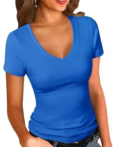 PALINDA Women's Short Sleeves Ribbed Fitted Shirt Basic V Neck Slim T Shirt Tops - PALINDA