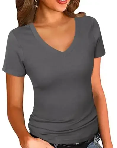 PALINDA Women's Short Sleeves Ribbed Fitted Shirt Basic V Neck Slim T Shirt Tops - 1