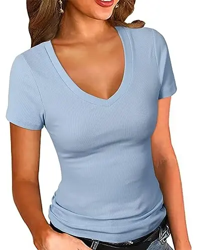 PALINDA Women's Short Sleeves Ribbed Fitted Shirt Basic V Neck Slim T Shirt Tops - 1