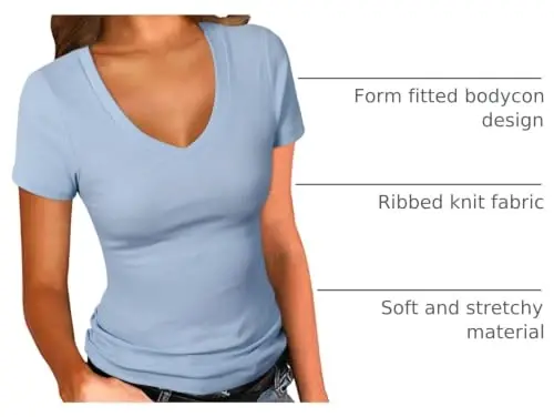 PALINDA Women's Short Sleeves Ribbed Fitted Shirt Basic V Neck Slim T Shirt Tops - PALINDA (1)