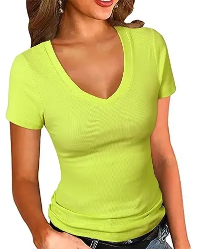 PALINDA Women's Short Sleeves Ribbed Fitted Shirt Basic V Neck Slim T Shirt Tops 