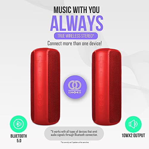 PALL Power One, Waterproof Speaker 20W, Excellent for Outdoors | True Wireless Speaker, Compatible with Android and iOS | 6 Hour Playtime | Bluetooth 5.0, Portable - Red - 3