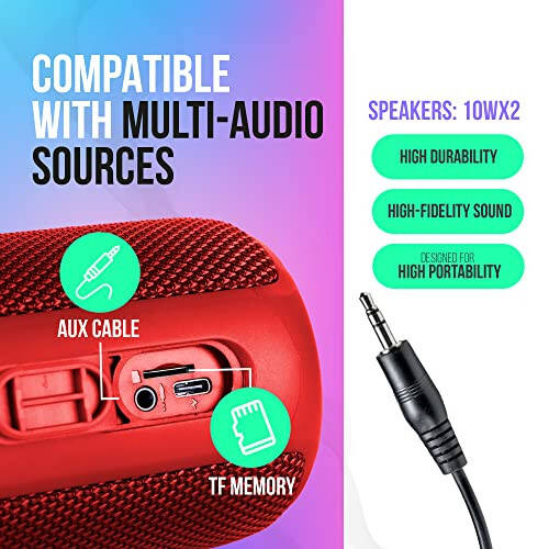 PALL Power One, Waterproof Speaker 20W, Excellent for Outdoors | True Wireless Speaker, Compatible with Android and iOS | 6 Hour Playtime | Bluetooth 5.0, Portable - Red - 5