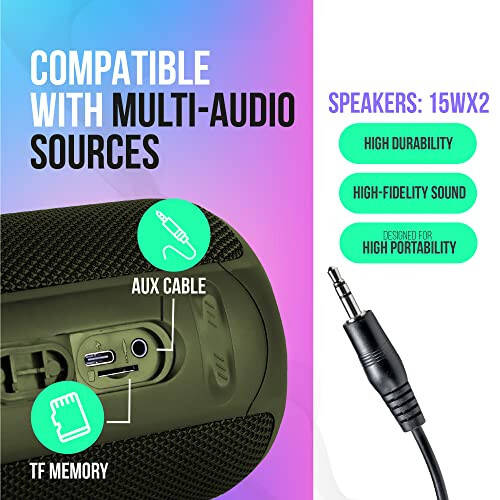 PALL Power Plus, Waterproof Speaker 30W, Excellent for Outdoors | True Wireless Speaker, Compatible with Android and iOS | 8 Hour Playtime, Bluetooth 5.0, Portable, Green - 5