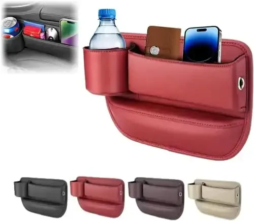 Pallocoo Car Leather Cup Holder Gap Bag, Car Seat Gap Filler Organizer, Car Seat Storage Box with Water Cup Holder, Car Gap Bag for Phones Keys Cards (Driver's Seat, Red) - 1