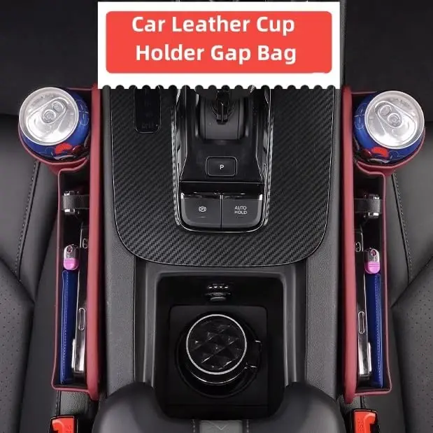 Pallocoo Car Leather Cup Holder Gap Bag, Car Seat Gap Filler Organizer, Car Seat Storage Box with Water Cup Holder, Car Gap Bag for Phones Keys Cards (Passenger's seat, Brown) - 2