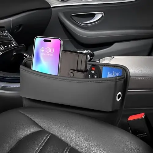 Pallocoo Car Leather Cup Holder Gap Bag, Car Seat Gap Filler Organizer, Car Seat Storage Box with Water Cup Holder, Car Gap Bag for Phones Keys Cards (Passenger's seat, Brown) - 3