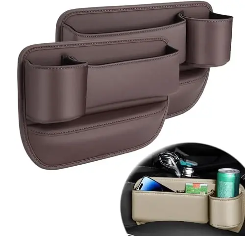 Pallocoo Car Leather Cup Holder Gap Bag, Avtomobil o'rindig'i orasidagi bo'shliqni to'ldiruvchi organizer, Suv idishi uchun ushlagichli avtomobil o'rindig'ini saqlash qutisi, Telefon kalitlari kartalari uchun avtomobil bo'shliq sumkasi (1 juft, jigarrang) - 1
