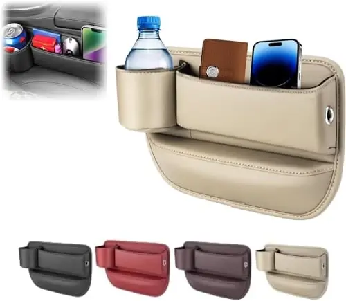 Pallocoo Car Leather Cup Holder Gap Bag, Car Seat Gap Filler Organizer, Car Seat Storage Box with Water Cup Holder, Car Gap Bag for Phones Keys Cards (Driver's Seat, Beige) - PALLOCOO
