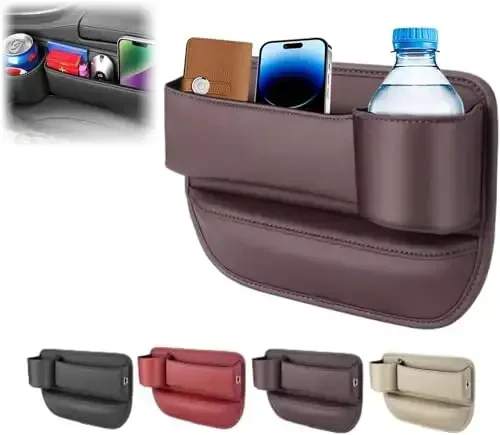 Pallocoo Car Leather Cup Holder Gap Bag, Car Seat Gap Filler Organizer, Car Seat Storage Box with Water Cup Holder, Car Gap Bag for Phones Keys Cards (Driver's Seat, Brown) 