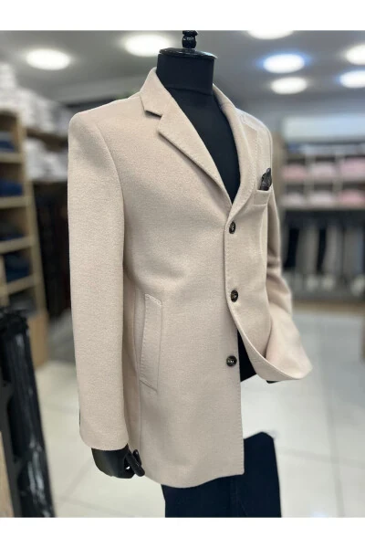 Пальто бежевого цвета, прямого кроя, из шерсти с воротником - SAVARA (1)